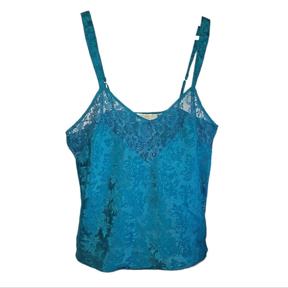 Vintage Victoria Secret Gold Label Camisole Satin Lace Trimmed Teal Blue M
